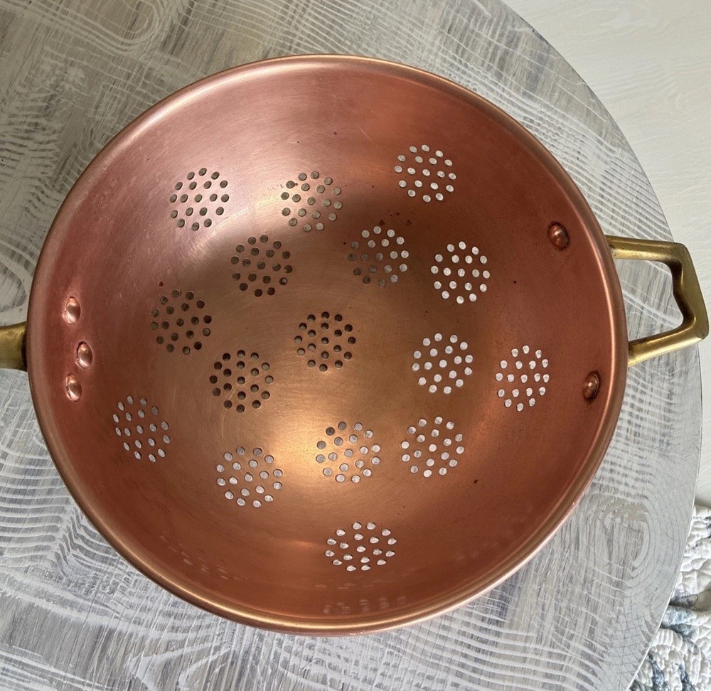 Large 9” Copper colander Cobre Chili solid Brass Accents Signed 6.5” Handle