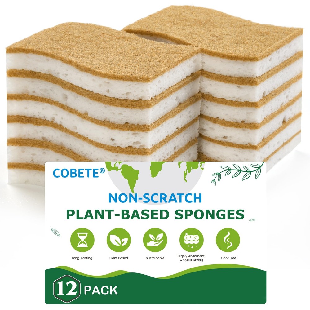 12 Pack Natural Biodegradable Kitchen Non Scratch Sponges,Compostable Plant B...