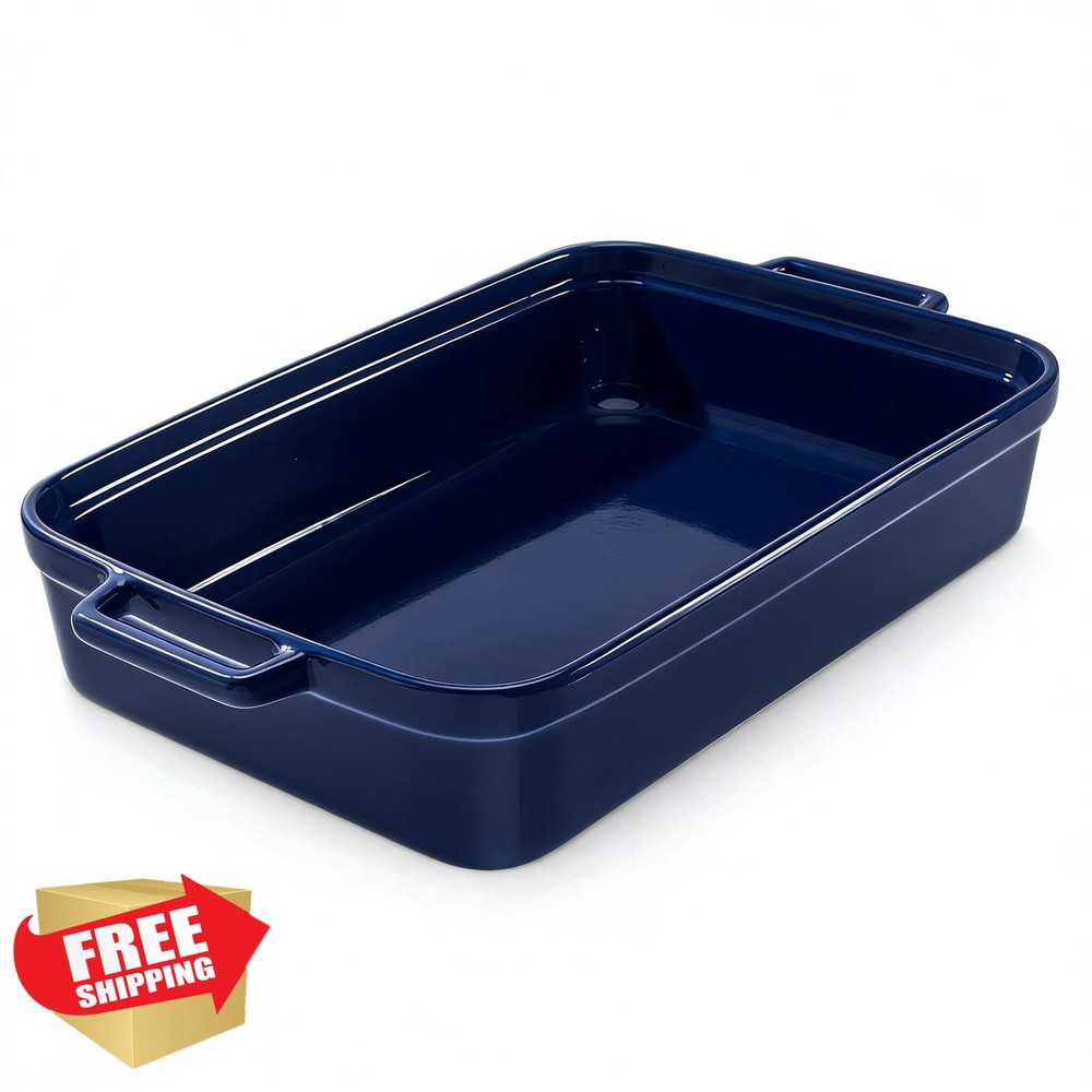 Large Blue Ceramic Casserole Dish Baking Lasagna Pan Oven