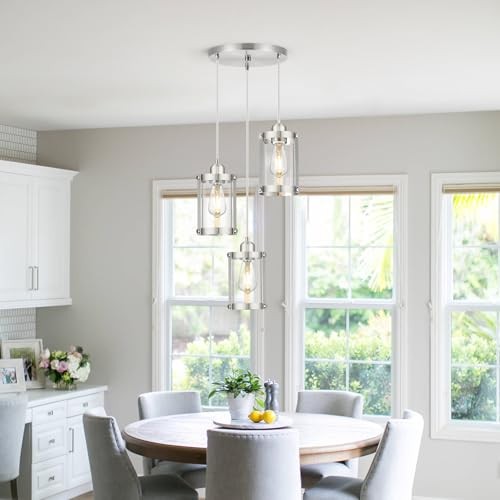 3-Light Pendant Lighting, Brushed 3 - Light, Ceiling Nickel - Clear Glass