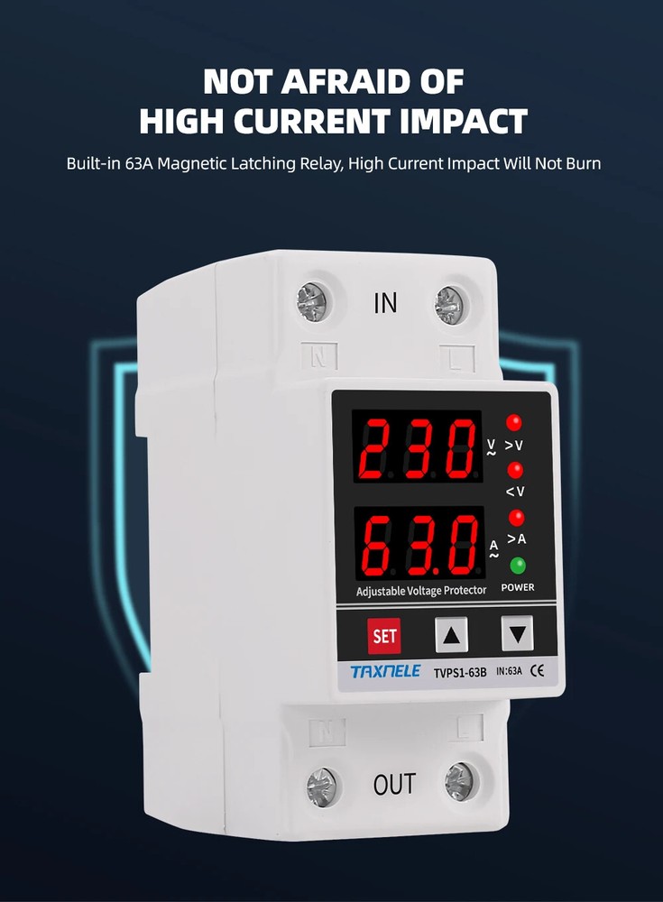 220V 63A Adjustable Voltage Relay Over Under Voltage Protector Wattmeter Meter