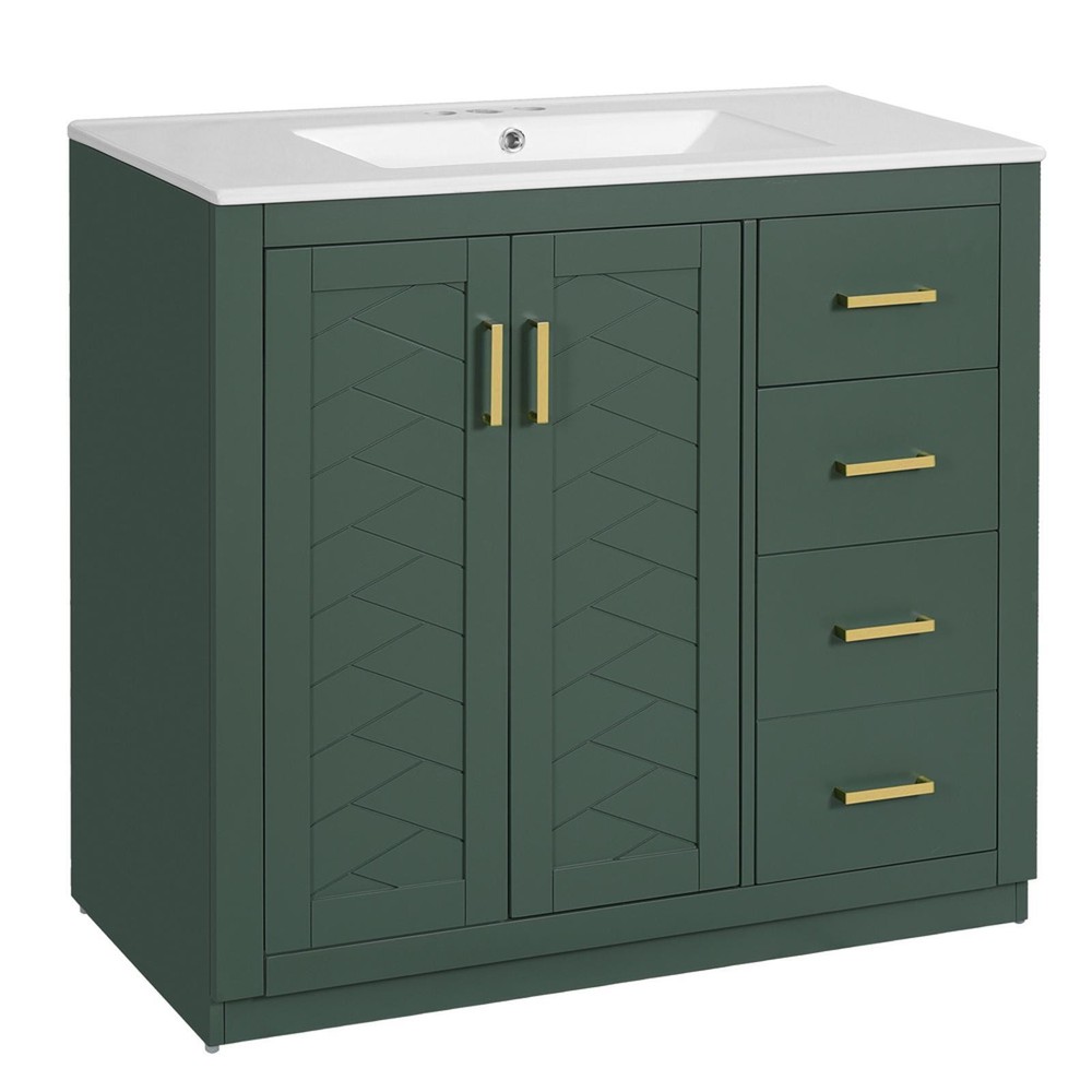 36'' Bathroom Vanity with Ceramic Sink Combo, Solid Wood Frame Bathroom Storage