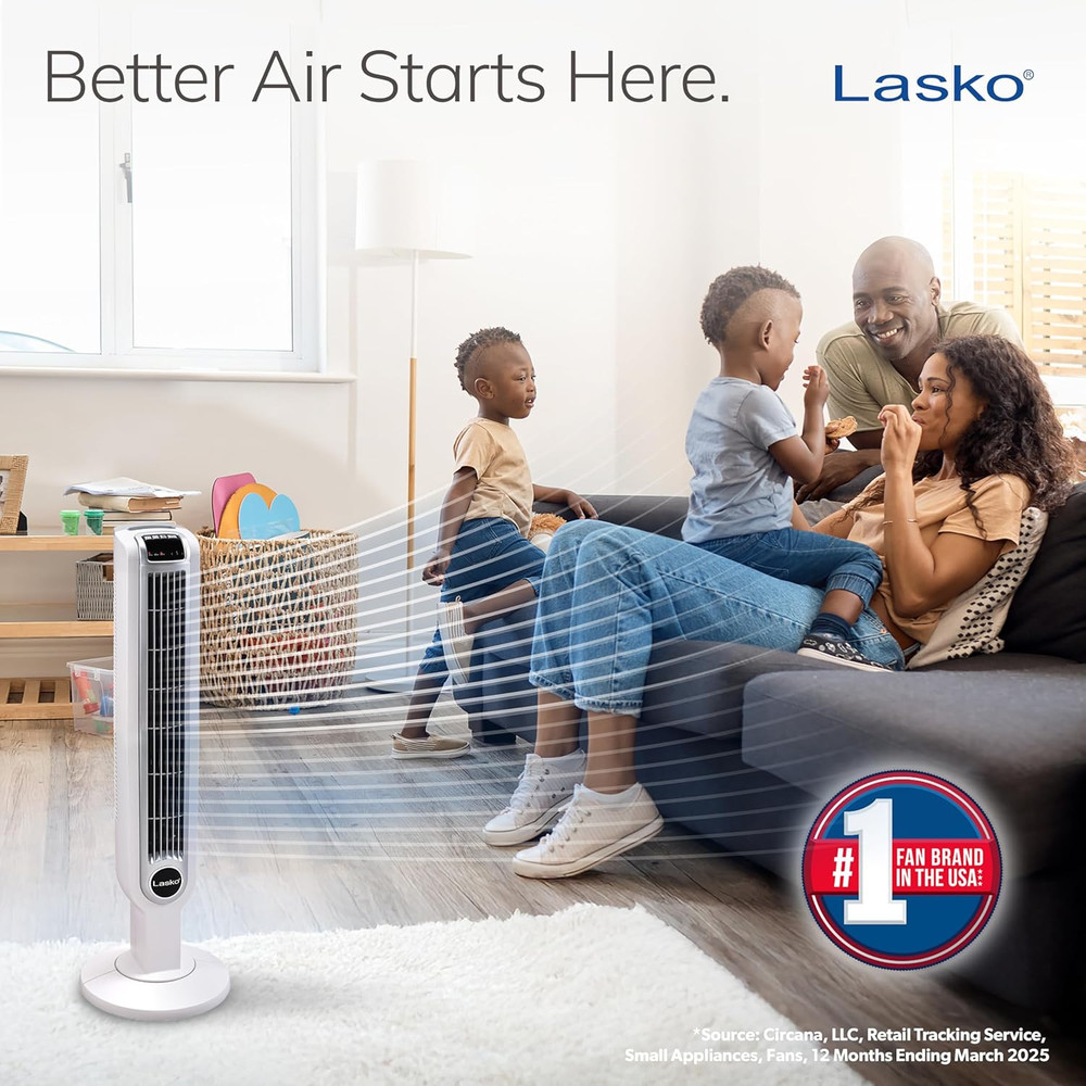 Lasko Oscillating Tower Fan with Remote Control, 3 Quiet Speeds, Timer for Bedro