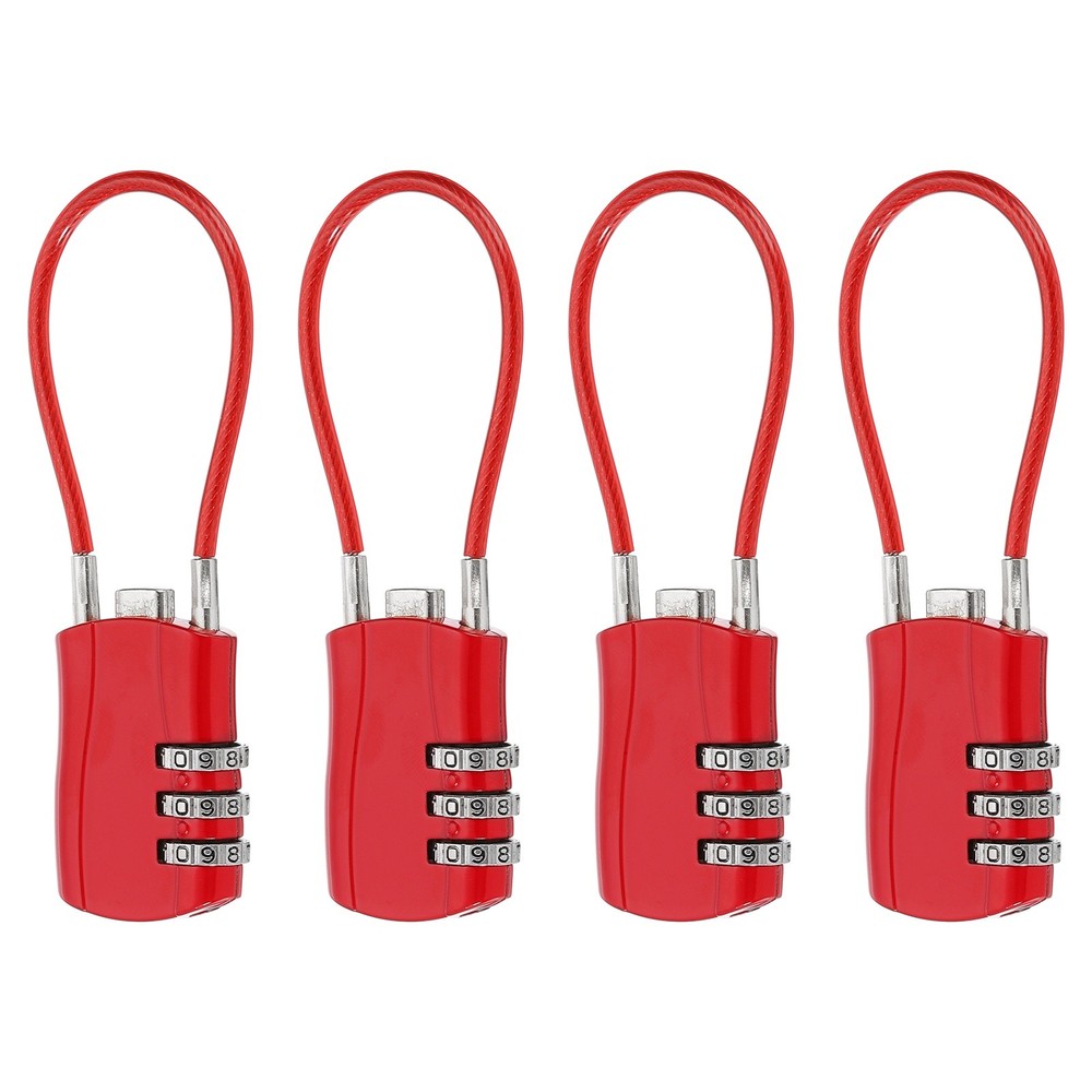 4 Pcs 3 Digit Luggage Cable Combination Lock with 5" Long Cable, Red