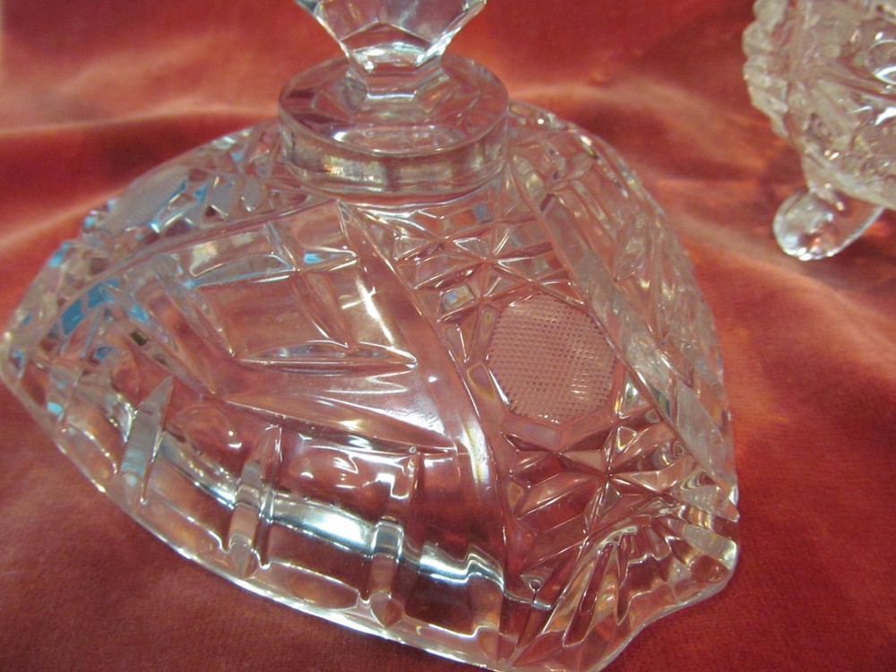 8 3/4" TRIANGULAR PRESSED GLASS LIDDED & FOOTED CANDY DISH WITH SPIKE SPIRE