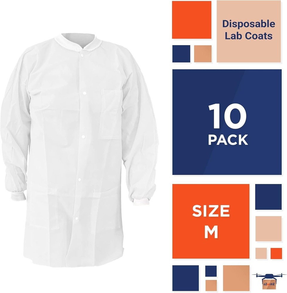 Disposable Lab Coats White SPP 45 gsm Work Gowns Medium (10 Pack)