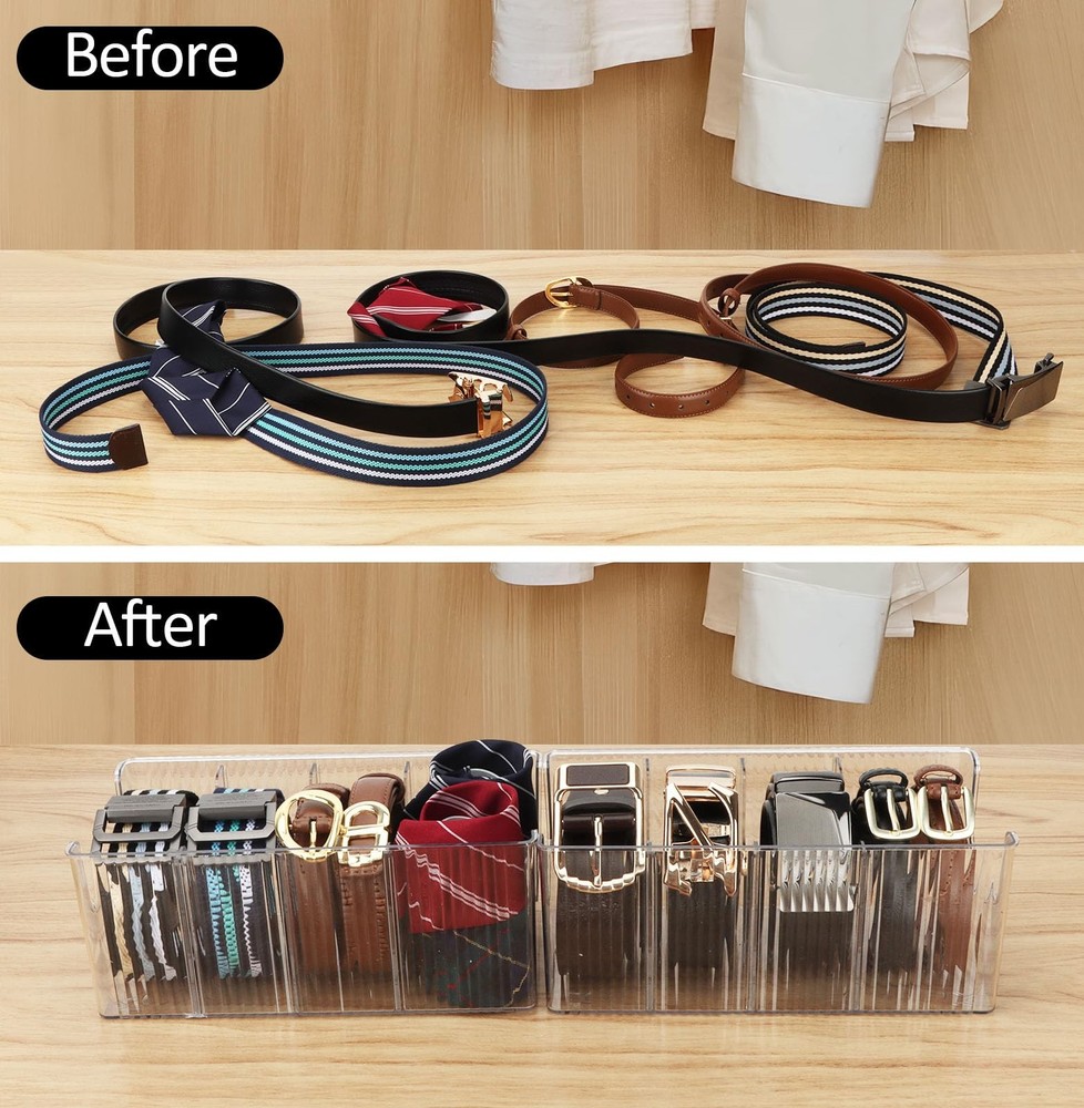 2 Pack Acrylic Belt Organizer, 4 Adjustable Compartments, Stackable, Clear
