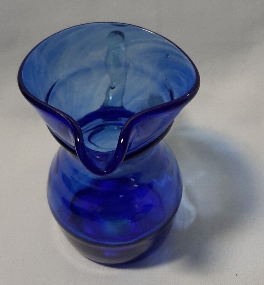 Cobalt Blue Hand Blown Glass Pitcher with Clear Handle 4 1/2" Tall