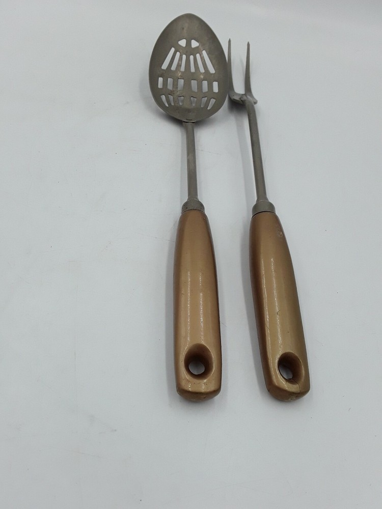 Vintage EKCO Slotted Spoon and Serving Fork Gold Plastic Handle