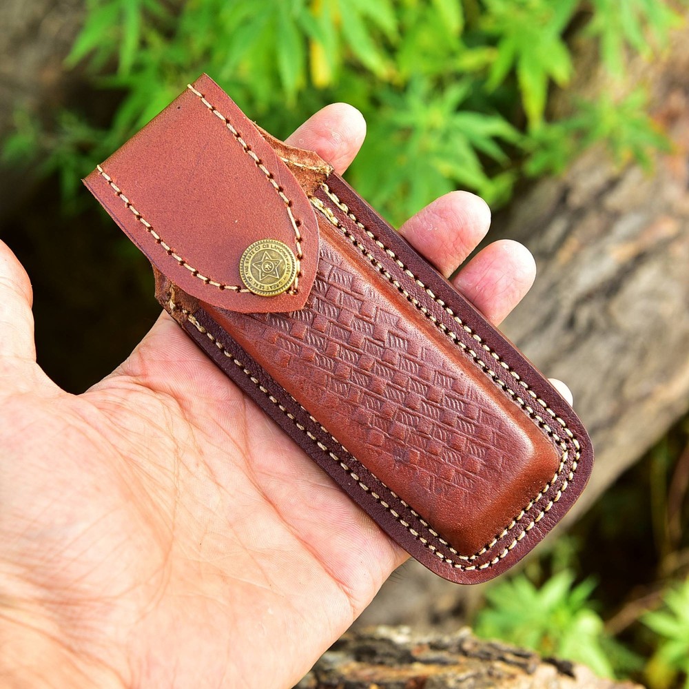 FOLDING POCKET KNIFE SHEATH | 5" Brown Genuine Leather Belt Loop Case