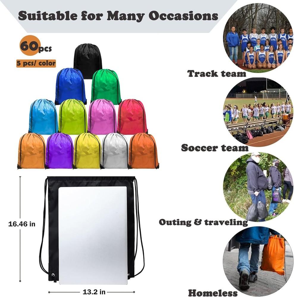 60-pack Drawstring Backpack Lightweight Nylon Draw String Bags in Multi-color