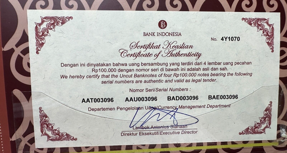 Indonesia 100000 Rupiah 2014 UNCUT notes 4x1 With Folder & Certificate