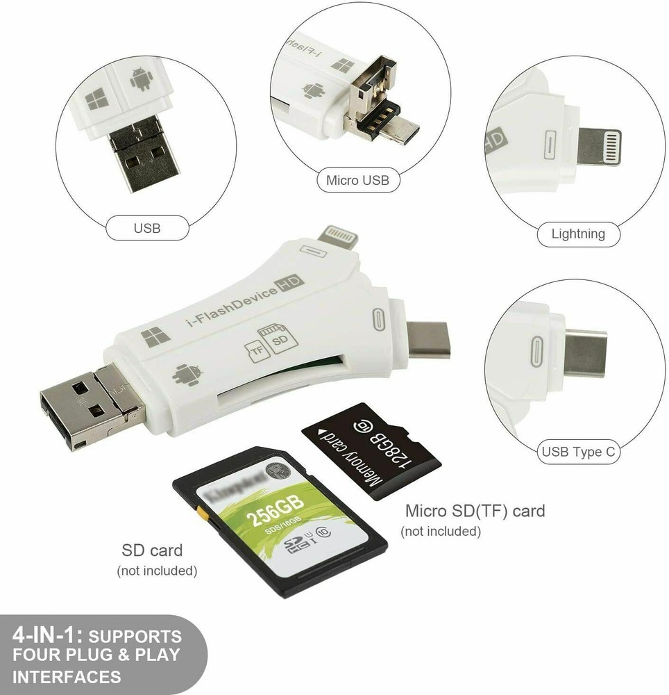 4 in 1 USB Micro SD TF Memory Card Reader Adapter For iPhone Android PC