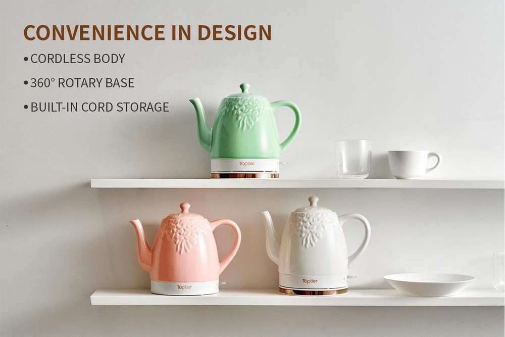 Toptier Electric Ceramic Tea Kettle, Boil Water Quickly and Easily, Detachabl...