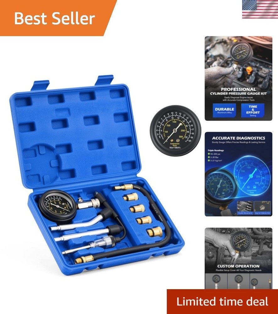9-Pc Engine Compression Tester Kit with Spark Plug Tester & Adapters for Prec...