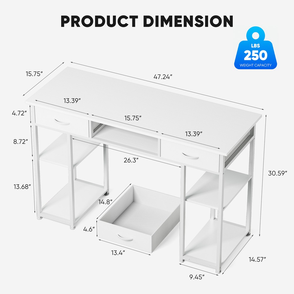 48" Home Office Computer Desk,Study Table with Storage Shelf & 3 Fabric Drawers