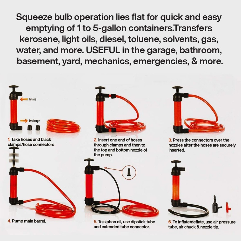 Multi-Purpose Siphon Transfer Pump Kit, Fluid Fuel Extractor Suction Tool USA
