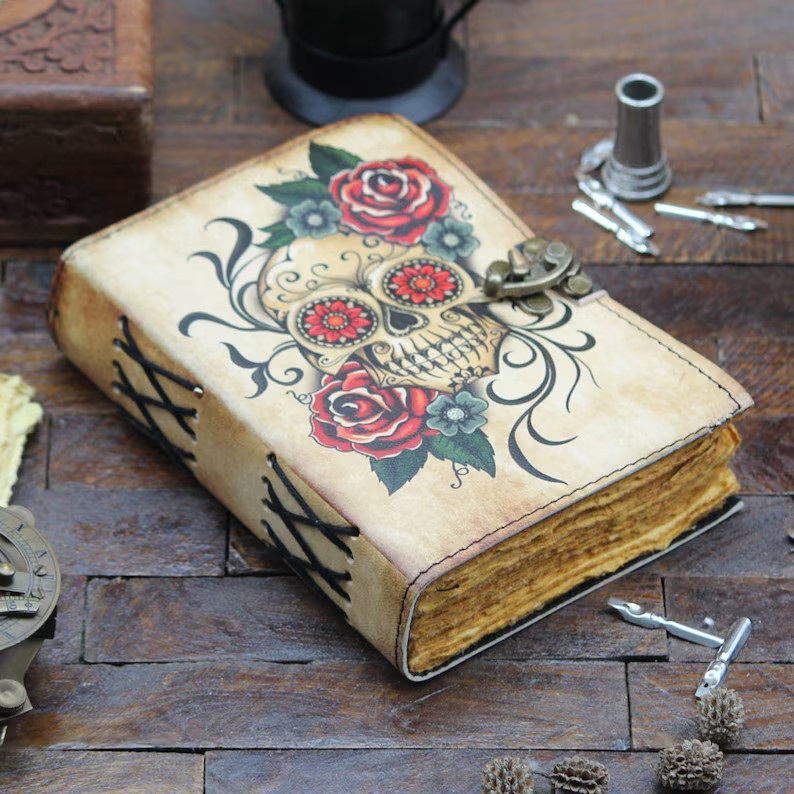Skull Printed Leather Journal Custom Personalized Notebook Unique Vintage Design