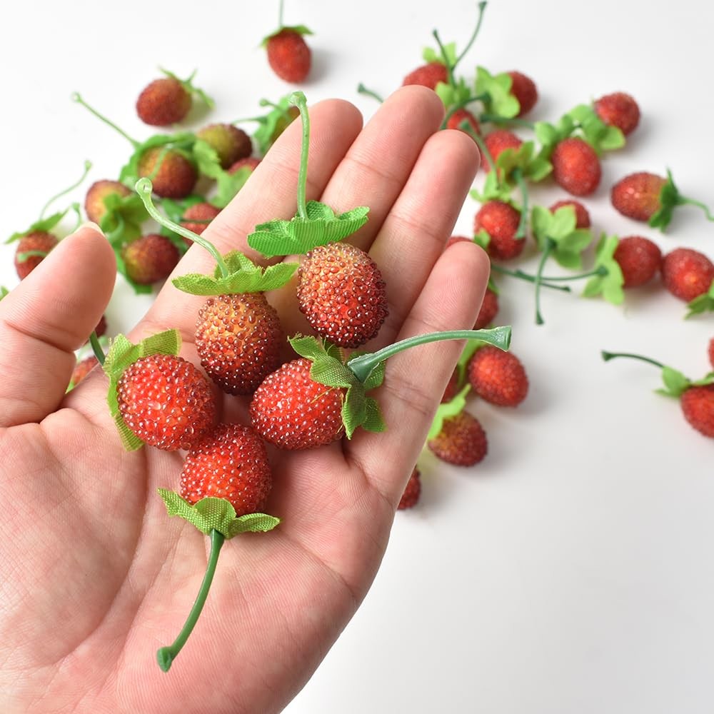 HUIANER Artificial Strawberries, 50PCS Raspberry Fake Fruit Red