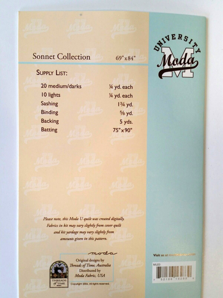 Moda University MU23 SONNET COLLECTION 69x84" quilt pattern 2006
