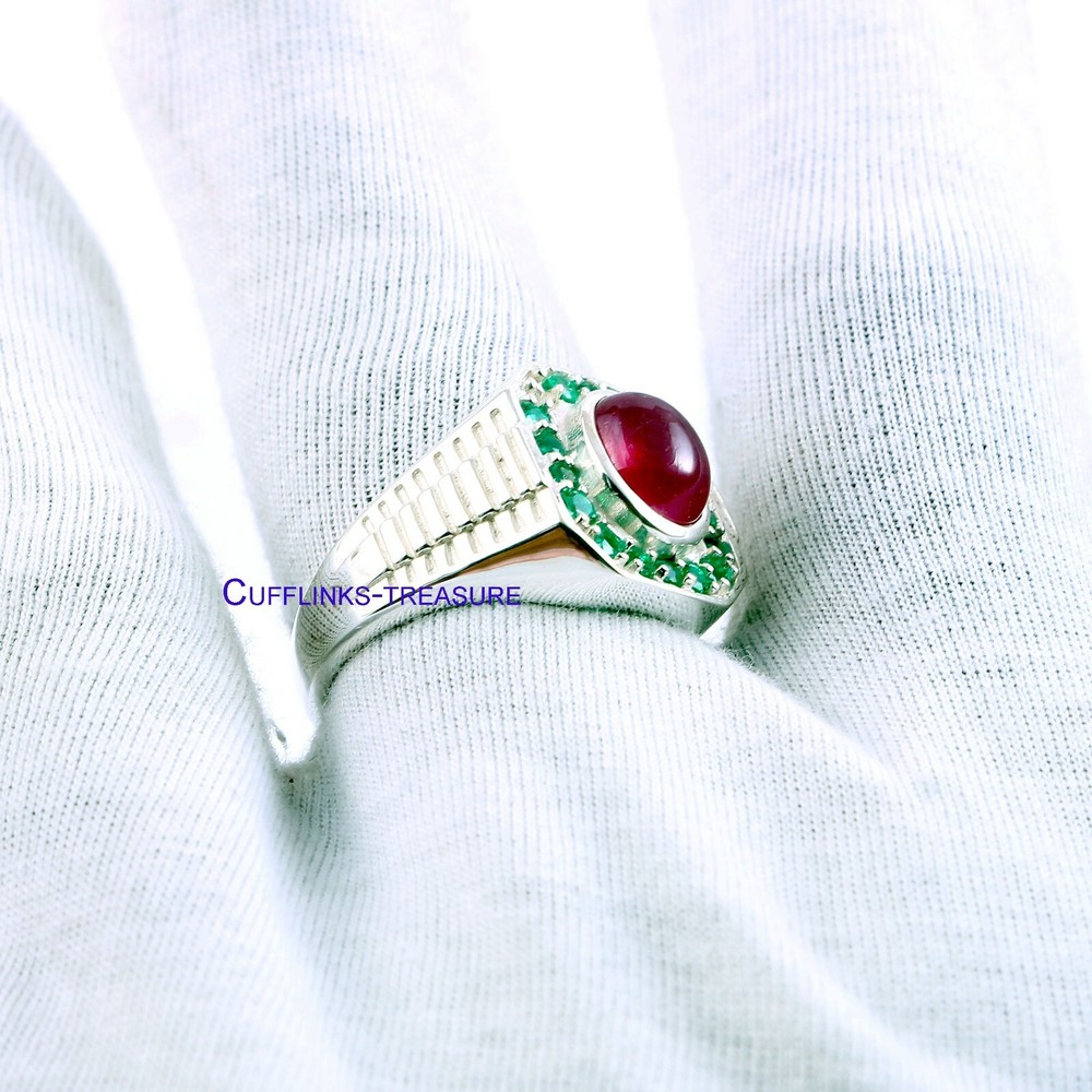 Natural Ruby & Emerald Gemstones with 925 Sterling Silver Ring For Men's #898