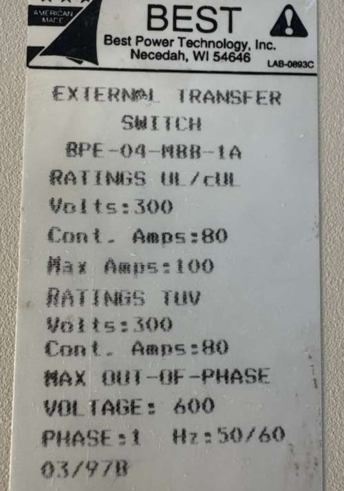 Best Power Technology External Transfer Switch Part BPE-04-MBB-1A