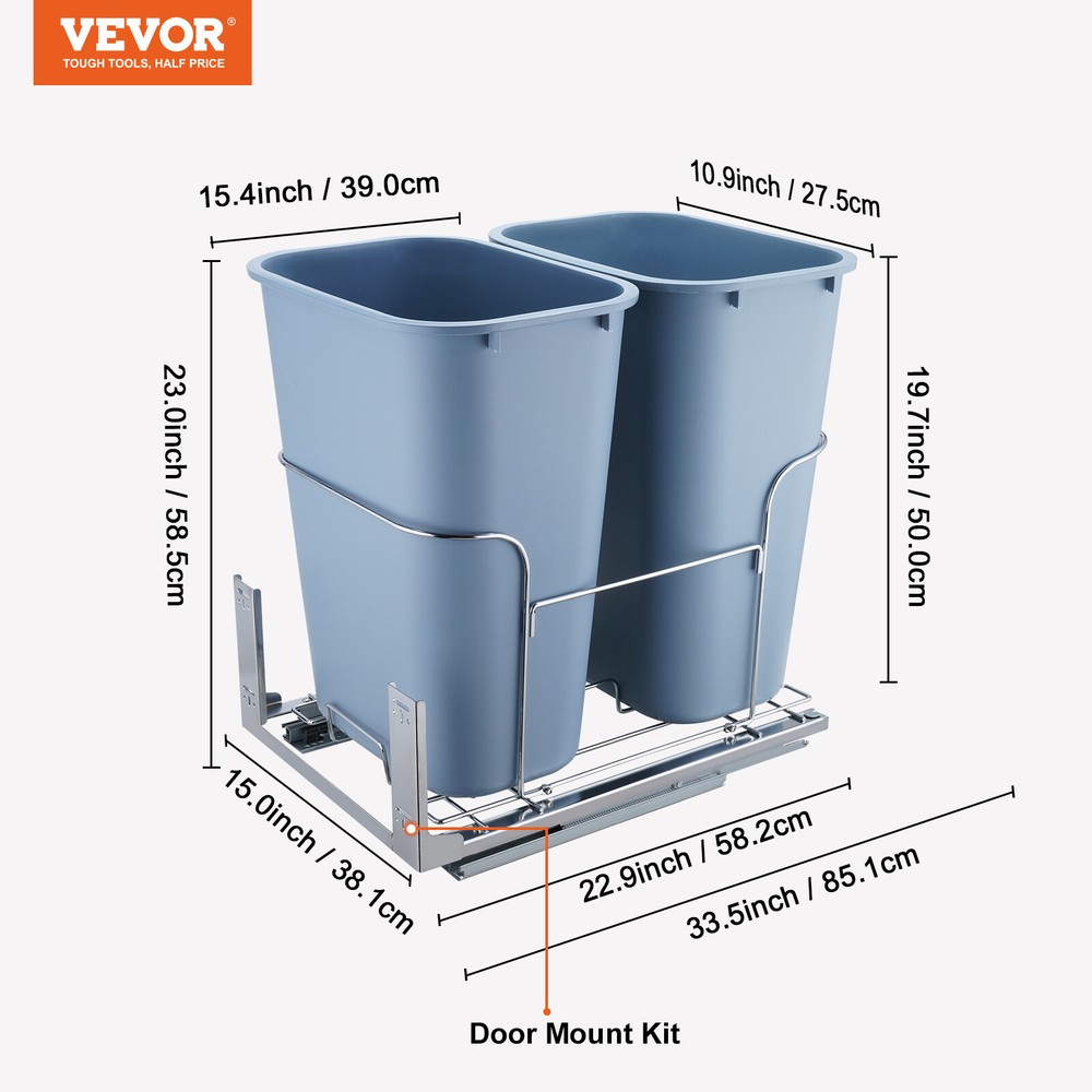 VEVOR Double 37QT Pullout Waste Container Kitchen Trash Can 70L w/ Soft Close