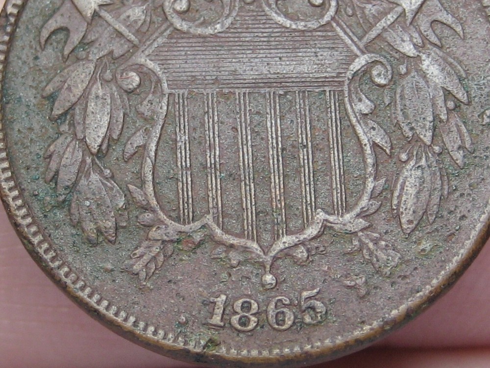 1865 Two 2 Cent Piece- Plain 5, WE Visible, XF/AU Details, Brown