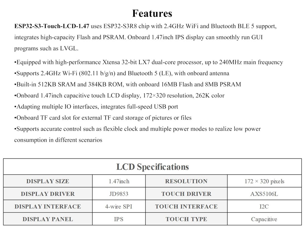 ESP32-S3 1.47inch IPS Touch Display Development Board, 172x320 Resolution, 26...