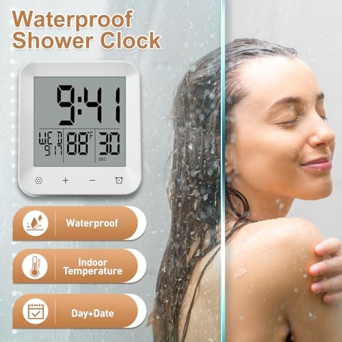 Waterproof Shower Clock with Timer, Bathroom Wall Clock Displaying White