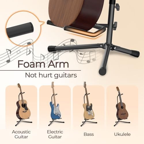 Adjustable folding guitar stand for various sizes.