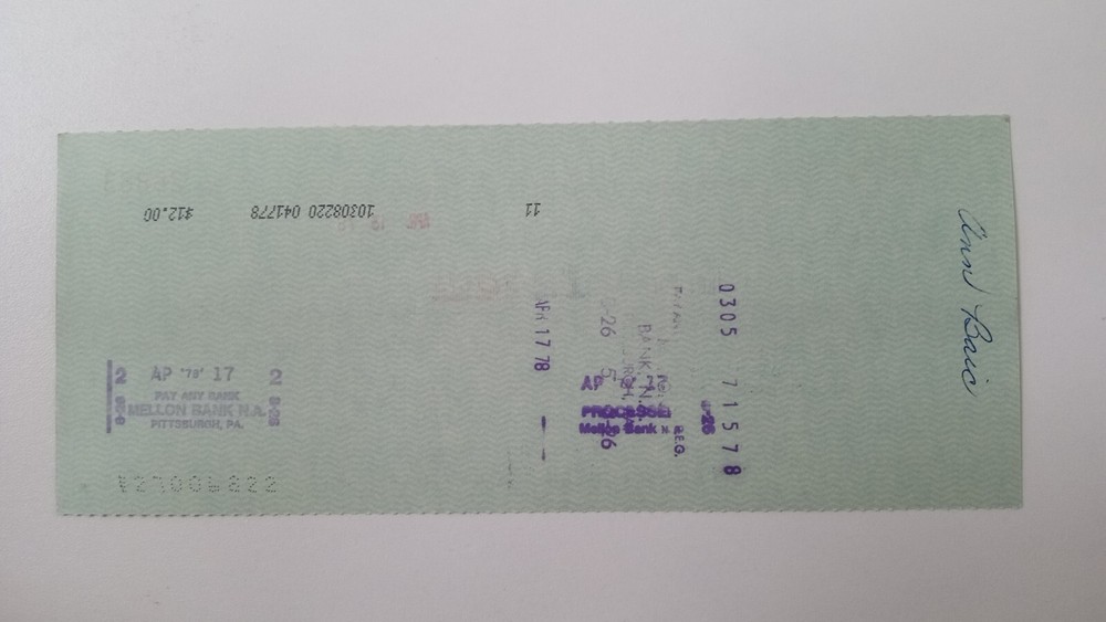 Ann Baic: 1978 Pittsburgh Pirates Expense Check