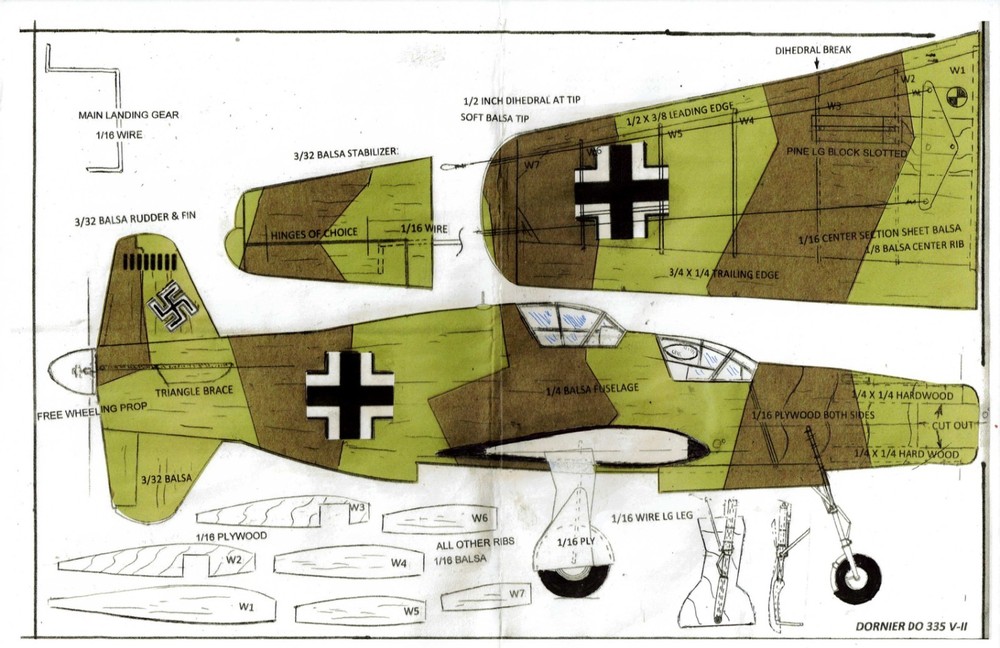 1/2 A profile German 335 Dornier U-Control plans only
