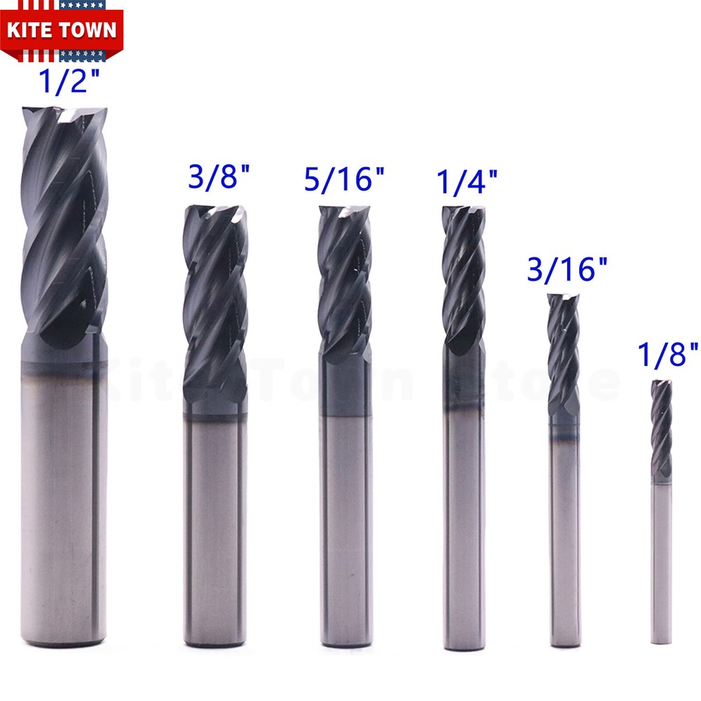6Pcs 4 Flute Solid Carbide 1/8" - 1/2" End Mills Set - AlTiN Coated