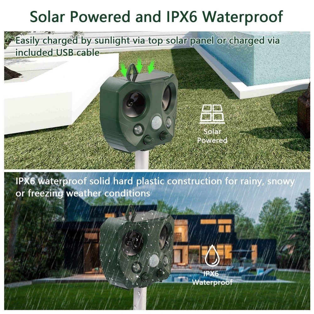 Ultrasonic Animal Repeller Solar Powered Repellent w/ Motion Sensor LED Flashing