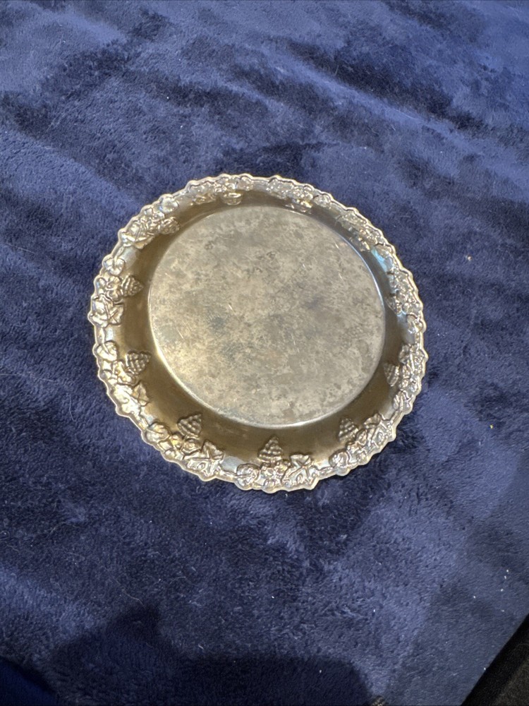 Vintage Etched Silver Plate Coaster Embossed Grape Vine Raised Edge