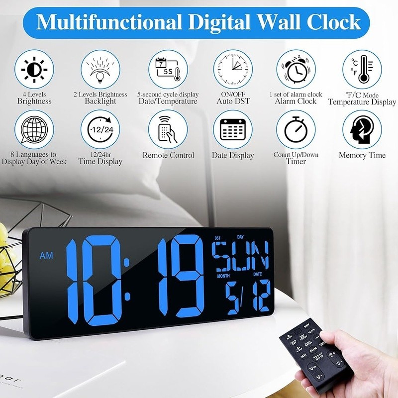 Extra Large LED Digital Wall Clock Auto Dimming Snooze Timer Remote Control