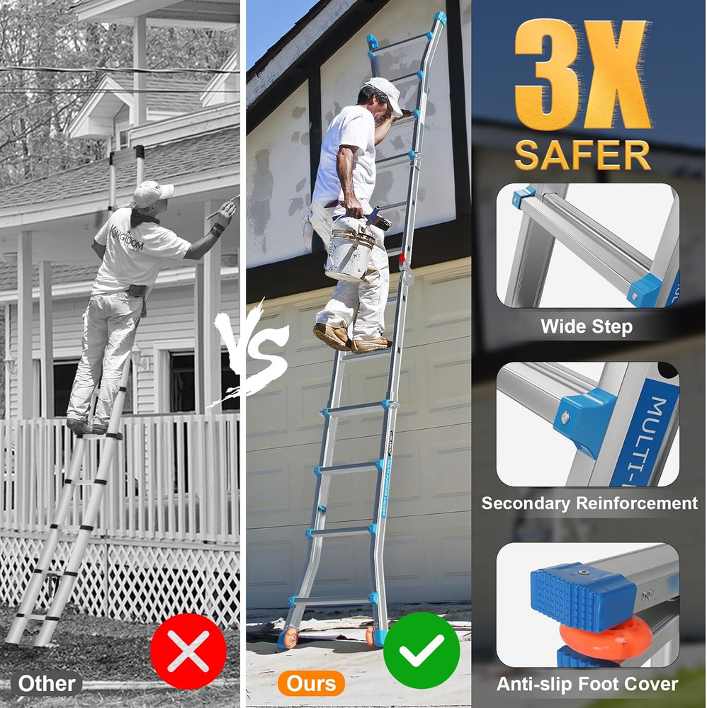 4-Step Telescoping Ladder, 17ft Reach, 330lbs Capacity, Wheels & Flared Legs