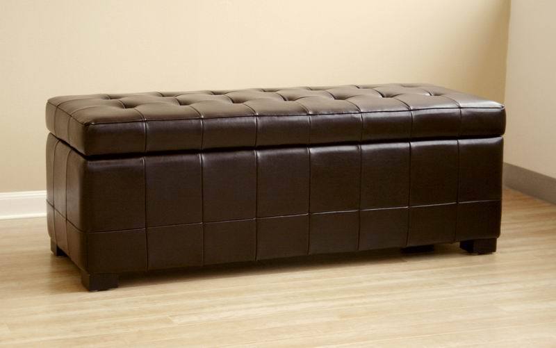 Leather Ottoman Storage Bench Rectangle Dark Brown Classic Tufted Dimpled