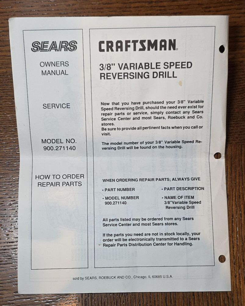 Sears Craftsman 3/8 Inch Drill Corded Variable Speed Reversible Tools WORKS