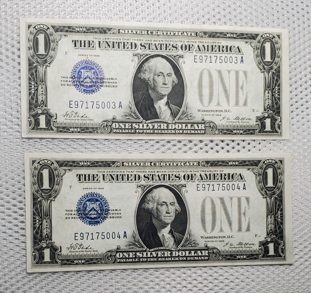 Consecutive 1928 $1 Funny Back Silver Certificate Plain Series Notes AU+/UNC