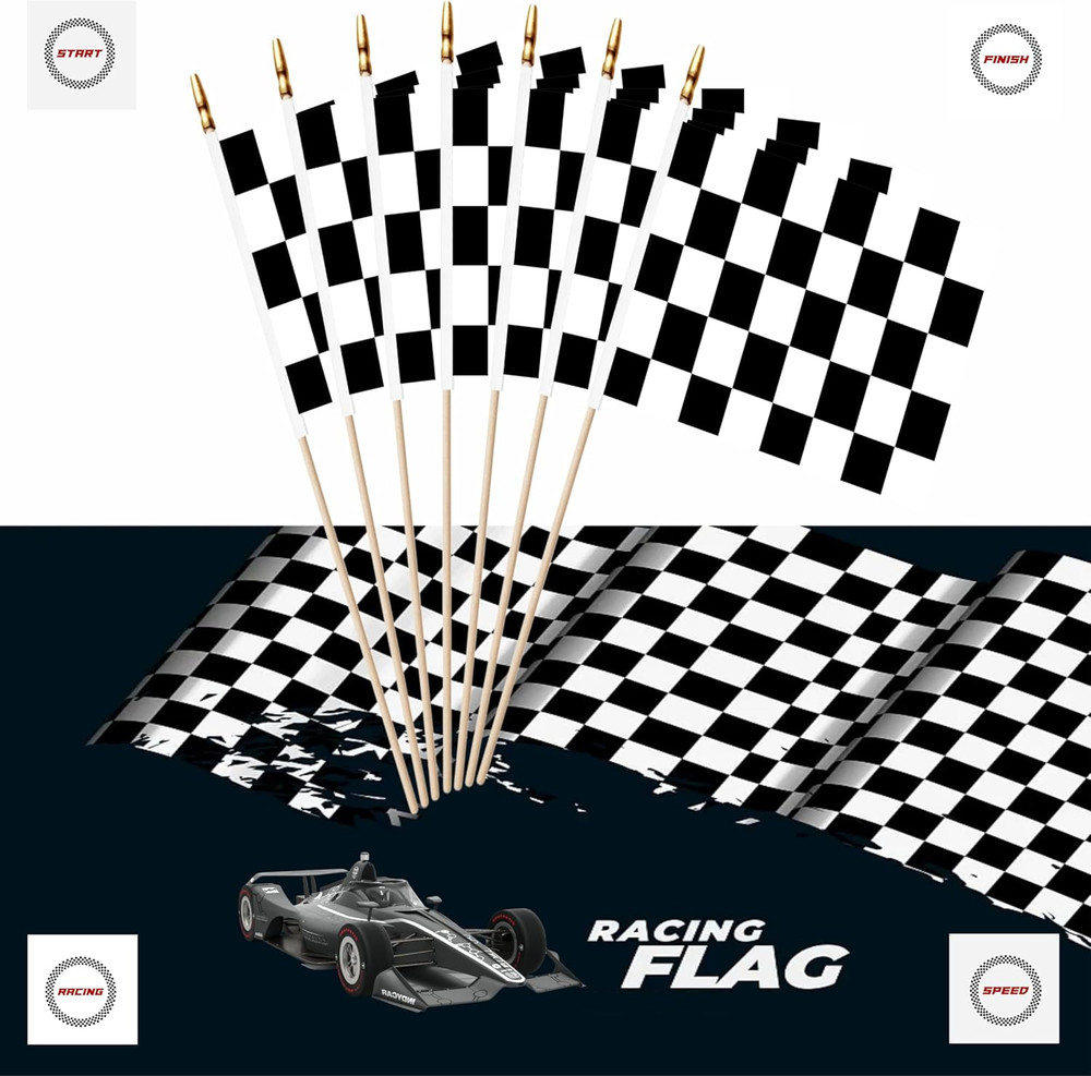 20 Pack Checkered Black and White Racing Mini Stick Flags Small Miniature Han...