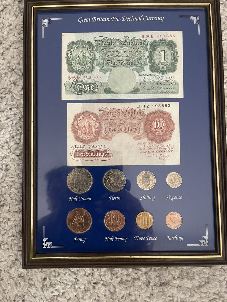 British Pre-Decimal Currency, Coins & Notes, Framed