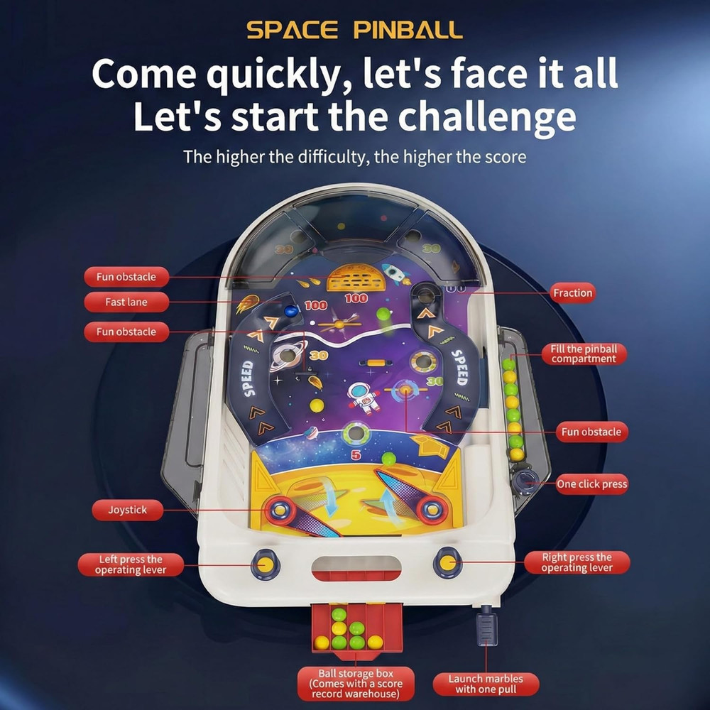 Tabletop Pinball Machine — Space Board Game with Obstacles, Pull-Rod Launcher, T