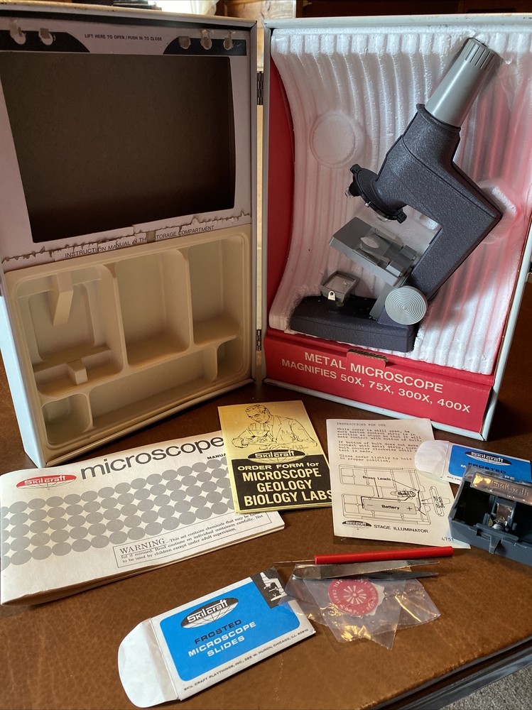 1970s Skilcraft kids microscope, metal microscope, case, instructions