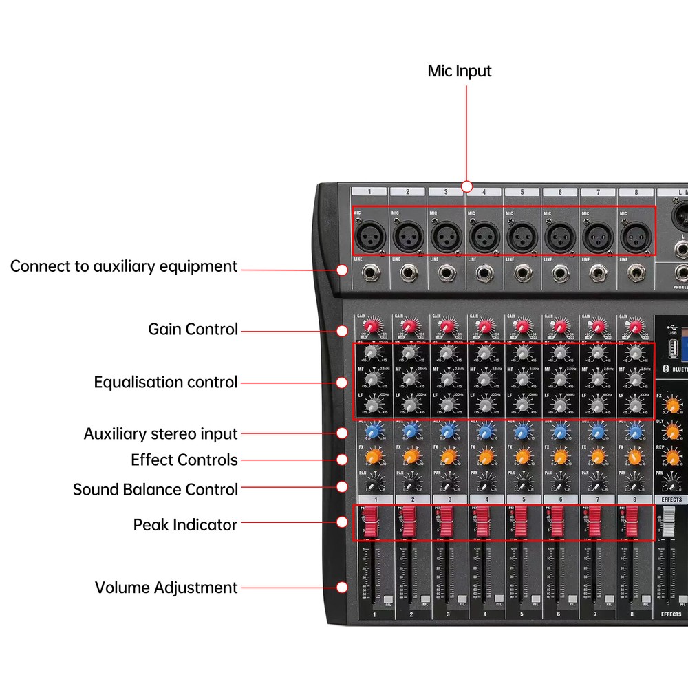 8 Channel Professional Digital Bluetooth Live Studio Audio Mixer Power Mixing