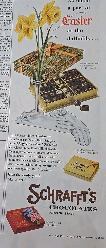 1953 Schrafft's Chocolates  Package Boxed Candy vintage Easter Ad