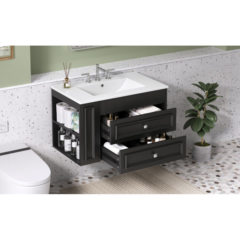 30'' Wall Mounted Bathroom Vanity Floating Bathroom Storage Cabinet Ceramic Sink