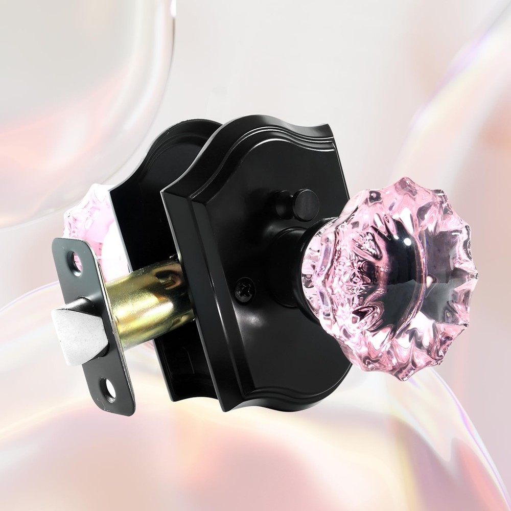 Crystal Door Knobs, Pink Black Glass Door Knobs Interior Rose Shape with Lock...