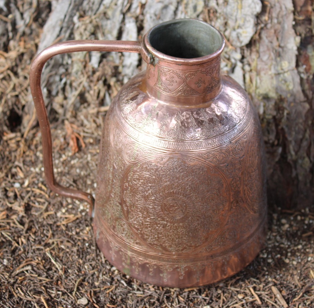 Antique Islamic Damascus Arabic Calligraphy Large Hand Hammered Copper Pitcher